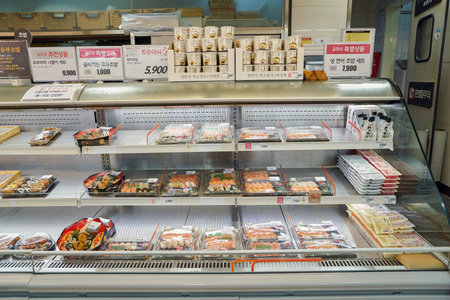 SEOUL, SOUTH KOREA - CIRCA MAY, 2017: food on display at Lotte Mart in Seoul. Lotte Mart is an east Asian hypermarket that sells a variety of groceries, clothing, toys, electronics, and other goods.のeditorial素材