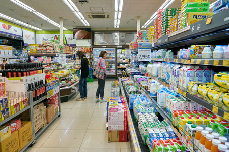 SEOUL, SOUTH KOREA - CIRCA MAY, 2017: inside a grocery store in Seoul. CU is a convenience store franchise chain in South Korea.のeditorial素材