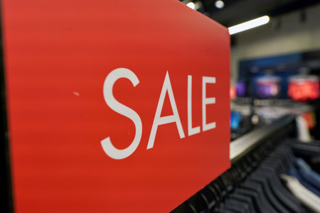 SEOUL, SOUTH KOREA - CIRCA MAY, 2017: close up shot of Sale sign at a Calvin Klein Jeans store in Seoul.のeditorial素材