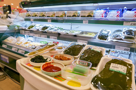 SEOUL, SOUTH KOREA - CIRCA MAY, 2017: food on display at Lotte Mart in Seoul. Lotte Mart is an east Asian hypermarket that sells a variety of groceries, clothing, toys, electronics, and other goods.のeditorial素材