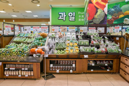 SEOUL, SOUTH KOREA - CIRCA MAY, 2017: food on display at Lotte Mart in Seoul. Lotte Mart is an east Asian hypermarket that sells a variety of groceries, clothing, toys, electronics, and other goods.のeditorial素材