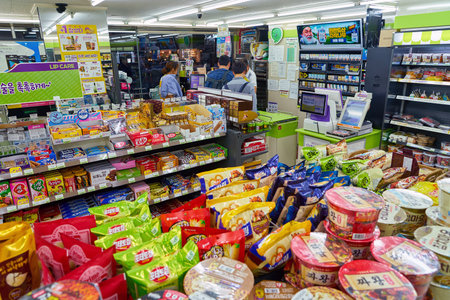 SEOUL, SOUTH KOREA - CIRCA MAY, 2017: goods on display at a CU convenience store. CU is a convenience store franchise chain in South Korea.のeditorial素材