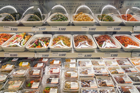 SEOUL, SOUTH KOREA - CIRCA MAY, 2017: food on display at Lotte Mart in Seoul. Lotte Mart is an east Asian hypermarket that sells a variety of groceries, clothing, toys, electronics, and other goods.のeditorial素材