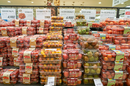 SEOUL, SOUTH KOREA - CIRCA MAY, 2017: food on display at Lotte Mart in Seoul. Lotte Mart is an east Asian hypermarket that sells a variety of groceries, clothing, toys, electronics, and other goods.のeditorial素材