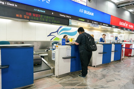 SEOUL, SOUTH KOREA - CIRCA MAY, 2017: check-in area at Gimpo Airport Domestic Terminal. Gimpo International Airport is located in the far western end of Seoul.のeditorial素材