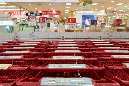 SEOUL, SOUTH KOREA - CIRCA MAY, 2017: inside Lotte Mart in Seoul. Lotte Mart is an east Asian hypermarket that sells a variety of groceries, clothing, toys, electronics, and other goods.のeditorial素材