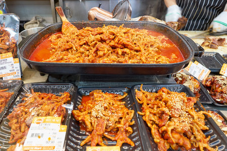 SEOUL, SOUTH KOREA - CIRCA MAY, 2017: food on display at Lotte Mart in Seoul. Lotte Mart is an east Asian hypermarket that sells a variety of groceries, clothing, toys, electronics, and other goods.のeditorial素材