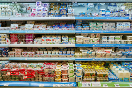 SEOUL, SOUTH KOREA - CIRCA MAY, 2017: yogurt on display at Lotte Mart in Seoul. Lotte Mart is an east Asian hypermarket that sells a variety of groceries, clothing, toys, electronics, and other goods.のeditorial素材