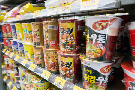 SEOUL, SOUTH KOREA - CIRCA MAY, 2017: goods on display at a convenience store in Seoul.のeditorial素材