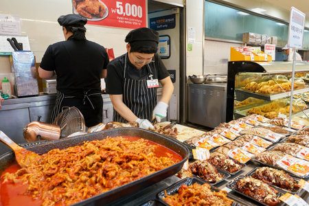 SEOUL, SOUTH KOREA - CIRCA MAY, 2017: food on display at Lotte Mart in Seoul. Lotte Mart is an east Asian hypermarket that sells a variety of groceries, clothing, toys, electronics, and other goods.のeditorial素材