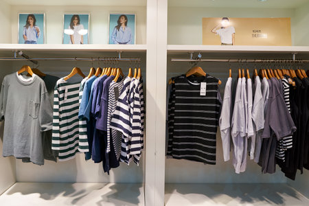 SEOUL, SOUTH KOREA - CIRCA MAY, 2017: goods on display at Giordano store in Seoul. Giordano International Limited is international retailer of men's, women's and children's apparel and accessories.のeditorial素材
