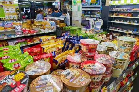 SEOUL, SOUTH KOREA - CIRCA MAY, 2017: goods on display at a CU convenience store. CU is a...