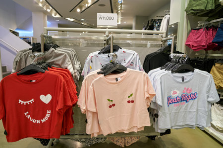 SEOUL, SOUTH KOREA - CIRCA MAY, 2017: clothing on display at H and M store in Seoul. H & M Hennes &...