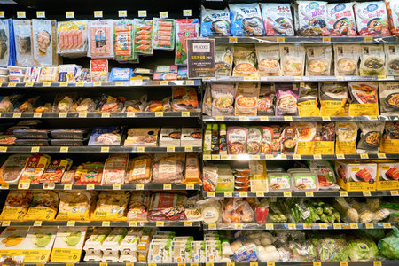 SEOUL, SOUTH KOREA - CIRCA MAY, 2017: goods on display at a convenience store in Seoul.のeditorial素材