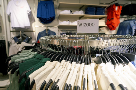 SEOUL, SOUTH KOREA - CIRCA MAY, 2017: clothing on display at H and M store in Seoul. H & M Hennes & Mauritz AB is a Swedish multinational clothing-retail companyのeditorial素材