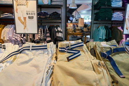 SEOUL, SOUTH KOREA - CIRCA MAY, 2017: goods on display at Giordano store in Seoul. Giordano International Limited is international retailer of men's, women's and children's apparel and accessories.のeditorial素材
