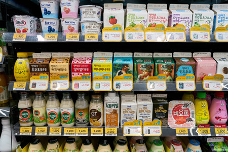 SEOUL, SOUTH KOREA - CIRCA MAY, 2017: goods on display at a convenience store in Seoul.のeditorial素材