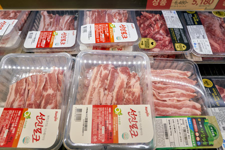 SEOUL, SOUTH KOREA - CIRCA MAY, 2017: meat on display at a grocery store in Seoul. CU is a convenience store franchise chain in South Korea.のeditorial素材