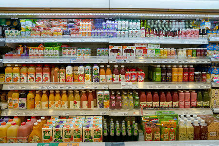 SEOUL, SOUTH KOREA - CIRCA MAY, 2017: juice on display at Lotte Mart in Seoul. Lotte Mart is an east Asian hypermarket that sells a variety of groceries, clothing, toys, electronics, and other goods.のeditorial素材
