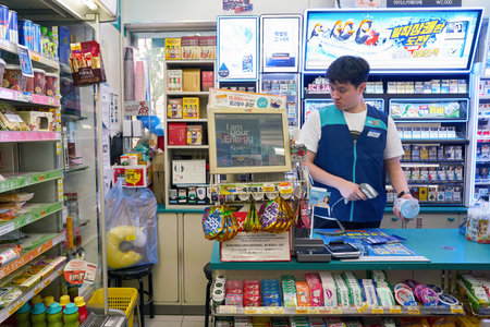 SEOUL, SOUTH KOREA - CIRCA MAY, 2017: inside GS25 convenience store in Seoul. GS25 is a convenience store brand in South Korea.のeditorial素材