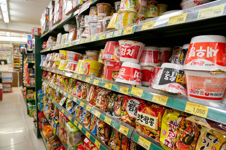 SEOUL, SOUTH KOREA - CIRCA MAY, 2017: inside a grocery store in Seoul. CU is a convenience store franchise chain in South Korea.のeditorial素材