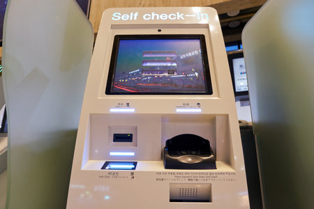 SEOUL, SOUTH KOREA - CIRCA MAY, 2017: self-service check-in kiosks at Gimpo Airport International Terminal. Gimpo International Airport is located in the far western end of Seoul.のeditorial素材