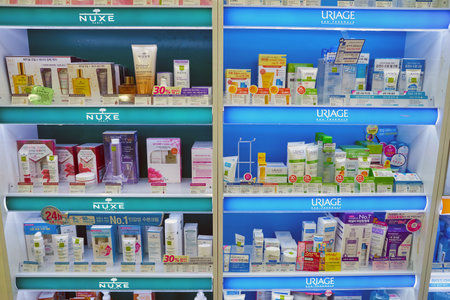 SEOUL, SOUTH KOREA - CIRCA MAY, 2017: goods on display at Olive Young store in Seoul.のeditorial素材