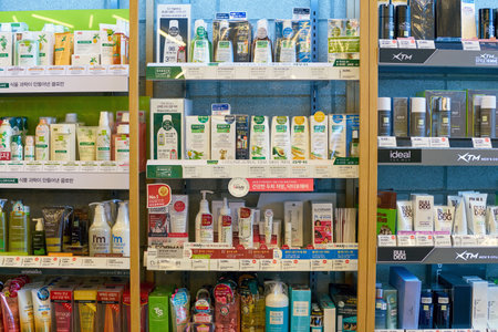 SEOUL, SOUTH KOREA - CIRCA MAY, 2017: goods on display at Olive Young store in Seoul.のeditorial素材