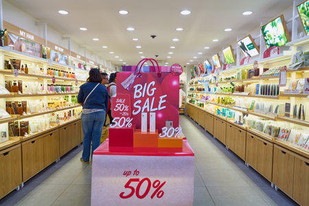SEOUL, SOUTH KOREA - CIRCA MAY, 2017: discount sign at Innisfree shop in Seoul. Innisfree is a South...
