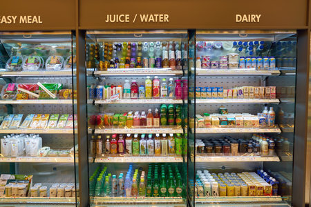 SEOUL, SOUTH KOREA - CIRCA MAY, 2017: food and beverages on display at Olive Young store in Seoul.