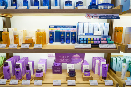 SEOUL, SOUTH KOREA - CIRCA MAY, 2017: goods on display at Innisfree shop in Seoul. Innisfree is a South Korean cosmetics brand owned by Amore Pacificのeditorial素材