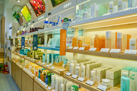SEOUL, SOUTH KOREA - CIRCA JUNE, 2017: goods on display at Innisfree shop in Seoul. Innisfree is a South Korean cosmetics brand owned by Amore Pacificのeditorial素材