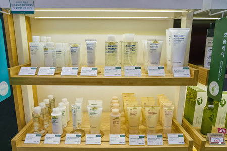 SEOUL, SOUTH KOREA - CIRCA MAY, 2017: goods on display at Innisfree shop in Seoul. Innisfree is a South Korean cosmetics brand owned by Amore Pacificのeditorial素材