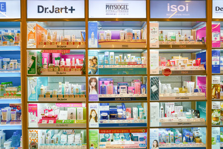 SEOUL, SOUTH KOREA - CIRCA MAY, 2017: goods on display at Olive Young store in Seoul.のeditorial素材