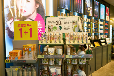 SEOUL, SOUTH KOREA - CIRCA JUNE, 2017: inside a cosmetics shop in Seoul.のeditorial素材