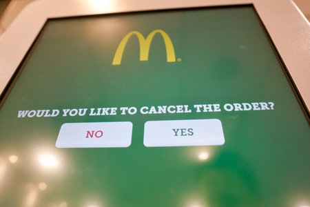 BUSAN, SOUTH KOREA - CIRCA MAY, 2017: close up shot of ordering kiosk at McDonald's. McDonald's is an American hamburger and fast food restaurant chain.のeditorial素材