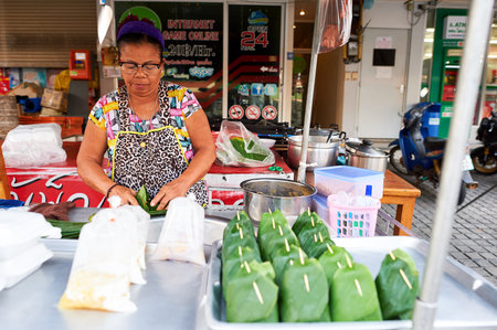 PATTAYA, THAILAND - CIRCA FEBRUARY, 2016: street food stall in Pattaya. Street food is ready-to-eat food or drink sold by a hawker, or vendor, in a street or other public place, such as at a market or fair.のeditorial素材