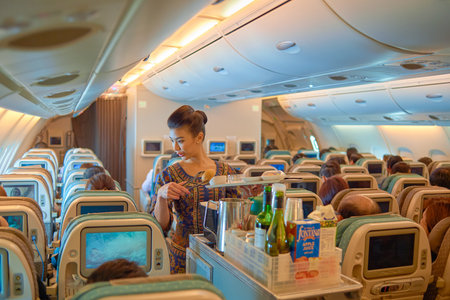 SINGAPORE - NOVEMBER 03, 2015: flight attendant serve food and drinks to passengers on board of...