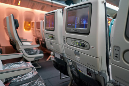 INCHEON, SOUTH KOREA - CIRCA JUNE, 2017: inside Qatar Airways Boeing 777. Qatar Airways, is the...