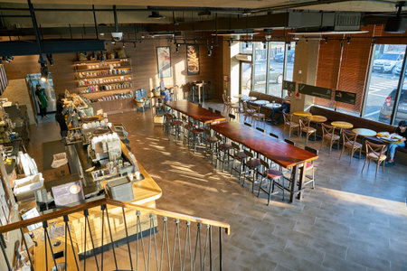 BUSAN, SOUTH KOREA - CIRCA MAY, 2017: inside Starbucks coffee shop in Busan. Starbucks Corporation...