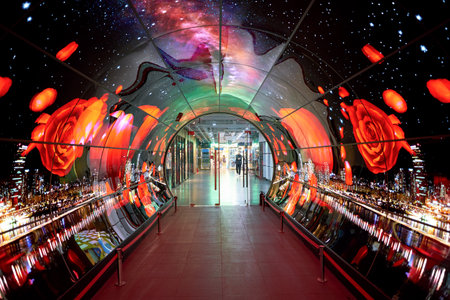 SEOUL, SOUTH KOREA - CIRCA MAY, 2017: Namsan Seoul Tower 1F- OLED Tunnel. OLED panels are displayed all around the Namsan Seoul Tower from level 1 to 4.のeditorial素材