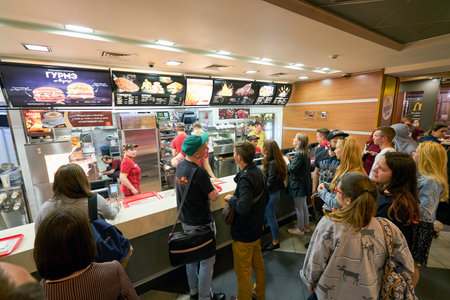 SAINT PETERSBURG, RUSSIA - CIRCA AUGUST, 2017: inside McDonald's restaurant. McDonald's is an...
