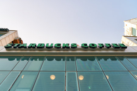 BUSAN, SOUTH KOREA - CIRCA MAY, 2017: Starbucks coffee shop in Busan. Starbucks Corporation is an American coffee company and coffeehouse chain.のeditorial素材