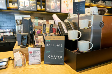 BUSAN, SOUTH KOREA - CIRCA MAY, 2017: sales area at Starbucks coffee shop in Busan. Starbucks Corporation is an American coffee company and coffeehouse chain.のeditorial素材