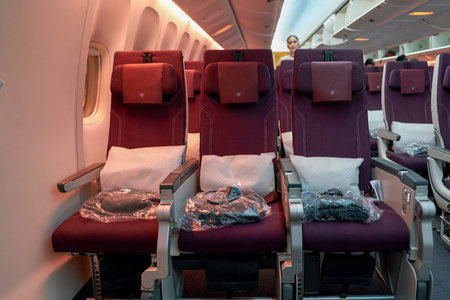 INCHEON, SOUTH KOREA - CIRCA JUNE, 2017: inside Qatar Airways Boeing 777. Qatar Airways, is the state-owned flag carrier of Qatar.のeditorial素材