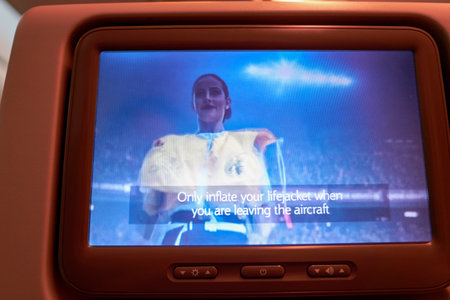INCHEON, SOUTH KOREA - CIRCA JUNE, 2017: close up shot of a seat-back screen inside the cabin of...