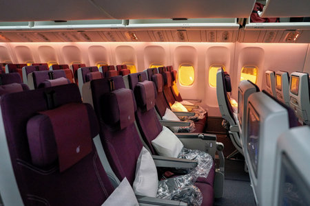 INCHEON, SOUTH KOREA - CIRCA JUNE, 2017: inside Qatar Airways Boeing 777. Qatar Airways, is the...
