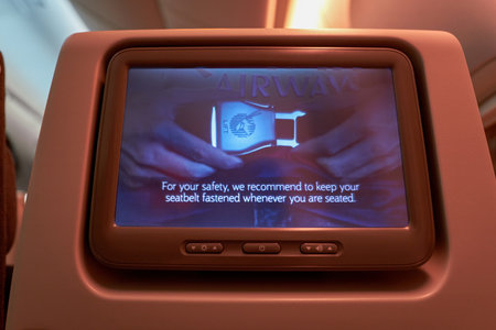 INCHEON, SOUTH KOREA - CIRCA JUNE, 2017: close up shot of a seat-back screen inside the cabin of...