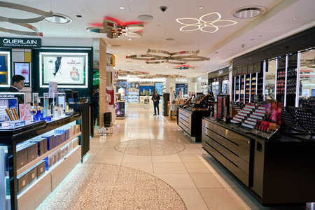 DOHA, QATAR - CIRCA MAY, 2017: goods on display at Hamad International Airport of Doha, the capital...
