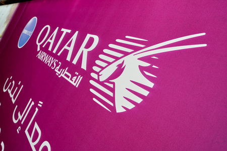 DOHA, QATAR - CIRCA MAY, 2017: close up shot of Qatar Airways sign at Hamad International Airport of Doha, the capital city of Qatar.のeditorial素材
